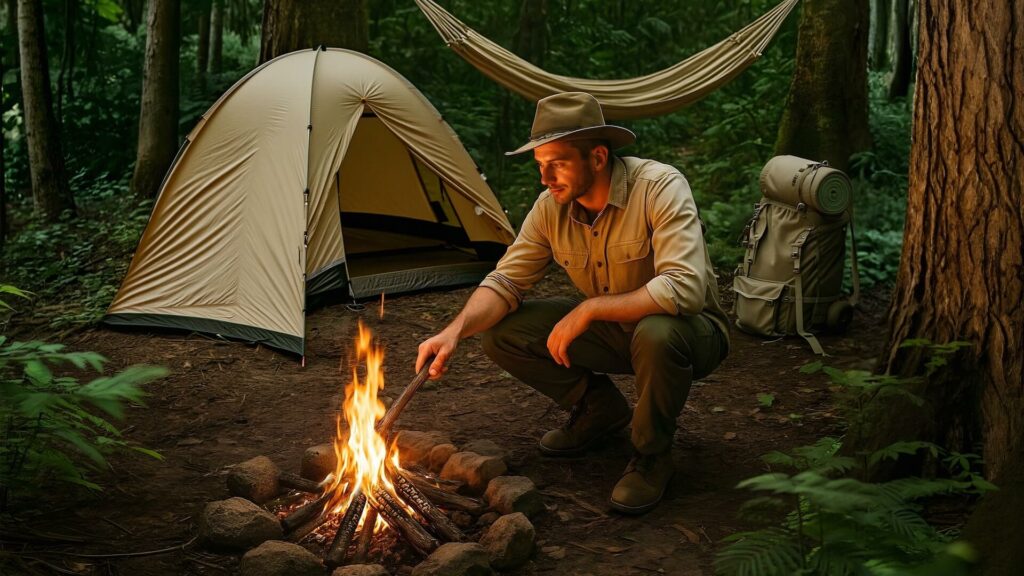 uomo in campeggio con fuoco acceso