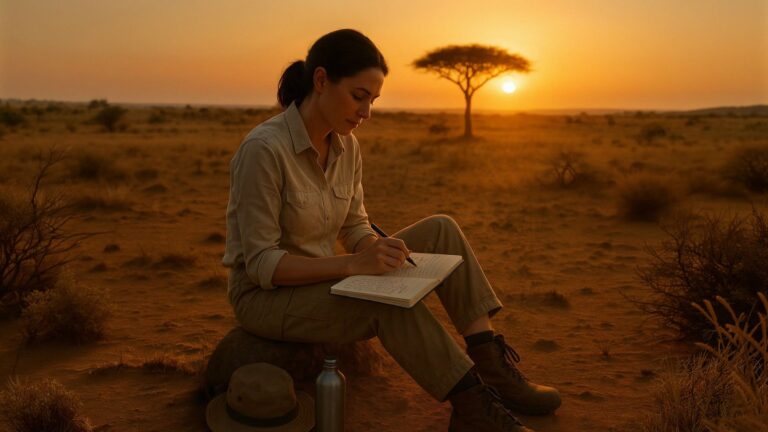 ragazza seduta in un deserto che scrive